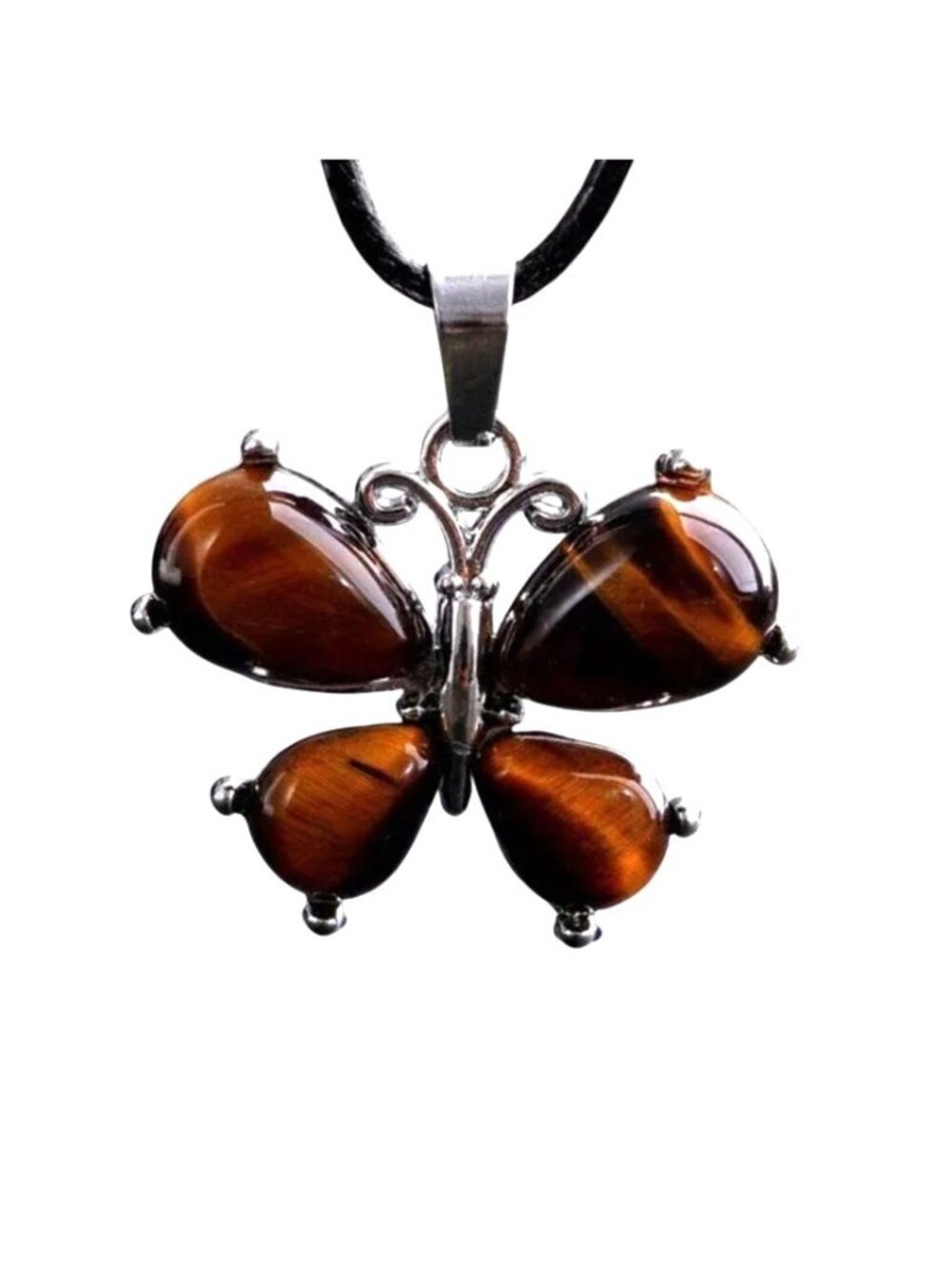 Tigers Eye Butterfly Pendant Necklace With Black Cord